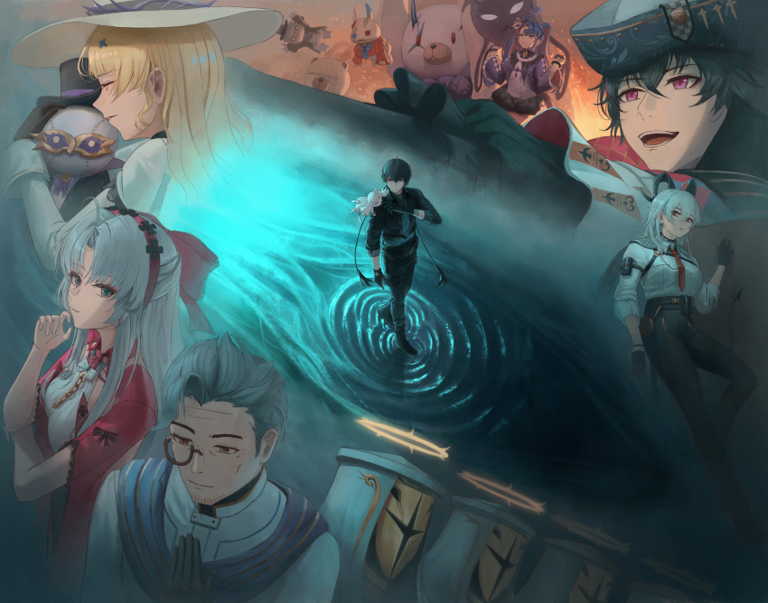 3boys 4girls abby_(wuthering_waves) absurdres aqua_eyes black_gloves black_horns black_jacket black_pants black_tail blonde_hair blue_hair bow brant_(wuthering_waves) carlotta_(wuthering_waves) chest_harness closed_mouth collared_shirt commentary curled_horns demon_tail english_commentary gloves grey_shirt hair_between_eyes hair_bow hair_ornament harness hat high-waist_pants highres horns jacket jacket_on_shoulders long_hair long_sleeves looking_at_viewer male_rover_(wuthering_waves) multiple_boys multiple_girls necktie open_mouth pants pero_(wuthering_waves) phoebe_(wuthering_waves) pink_bow pink_jacket purple_eyes red_eyes red_necktie roccia_(wuthering_waves) rover_(wuthering_waves) shirt shirt_tucked_in sleeves_rolled_up smile tacet_discord_(wuthering_waves) tail twckb white_hat white_shirt wuthering_waves x_hair_ornament zani_(wuthering_waves)