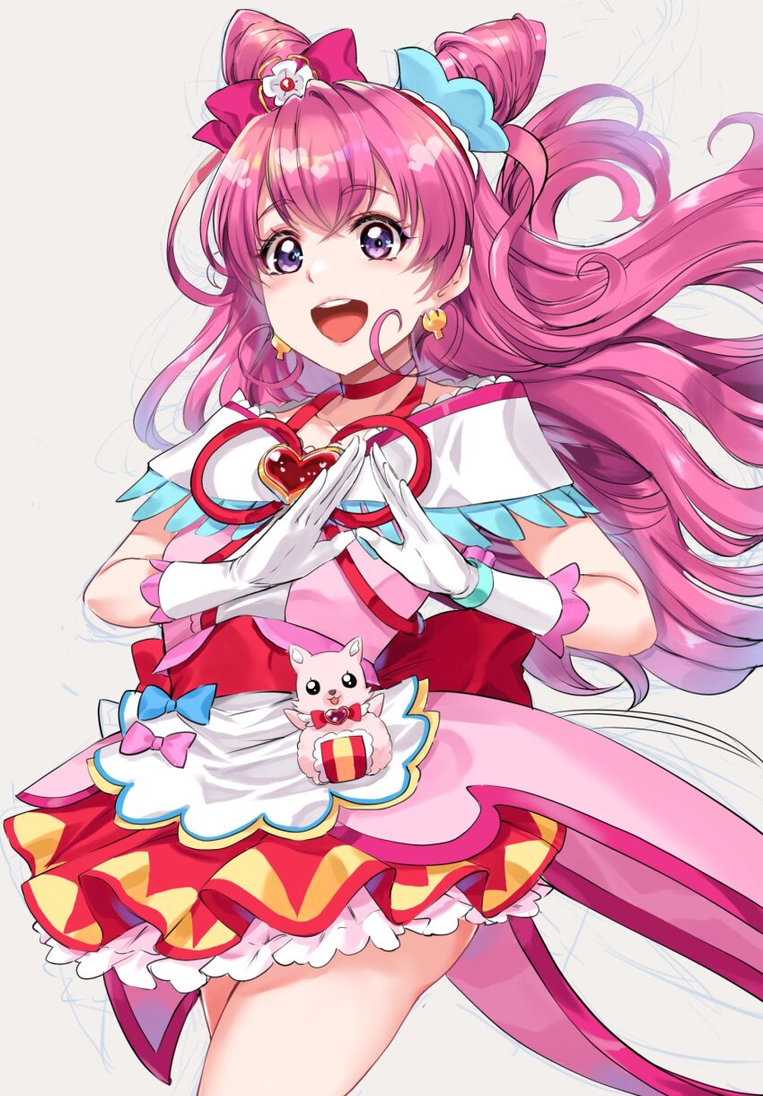 1girl back_bow bow brooch choker cone_hair_bun cowboy_shot cure_precious delicious_party_precure double_bun dress earrings gloves hair_bow hair_bun heart heart_brooch highres huge_bow jewelry kamishiro_ryuu kome-kome long_hair looking_at_viewer magical_girl medium_dress nagomi_yui open_mouth pink_bow pink_choker pink_hair precure purple_eyes smile two_side_up white_background white_gloves
