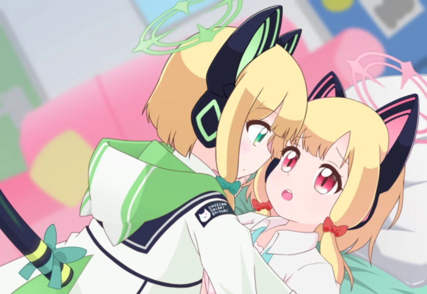 2girls animal_ear_headphones animal_ears blonde_hair blue_archive blue_necktie blurry blurry_background bow bra cat_ear_headphones cat_tail closed_mouth collared_shirt commentary_request couch depth_of_field eye_contact fake_animal_ears fake_tail flustered girl_on_top green_bow green_eyes green_halo hair_bow halo headphones hood hood_down hooded_jacket incest indoors jacket light_blush long_sleeves looking_at_another low-tied_sidelocks lying midori_(blue_archive) momoi_(blue_archive) multiple_girls necktie on_back on_bed open_mouth partial_commentary pillow pink_halo profile raised_eyebrows red_bow red_eyes school_uniform shirt short_hair siblings sidelocks sisters tail tail_bow tail_ornament teeth twincest twins underwear upper_body upper_teeth_only white_jacket white_shirt window yomogi_mitsuki yuri