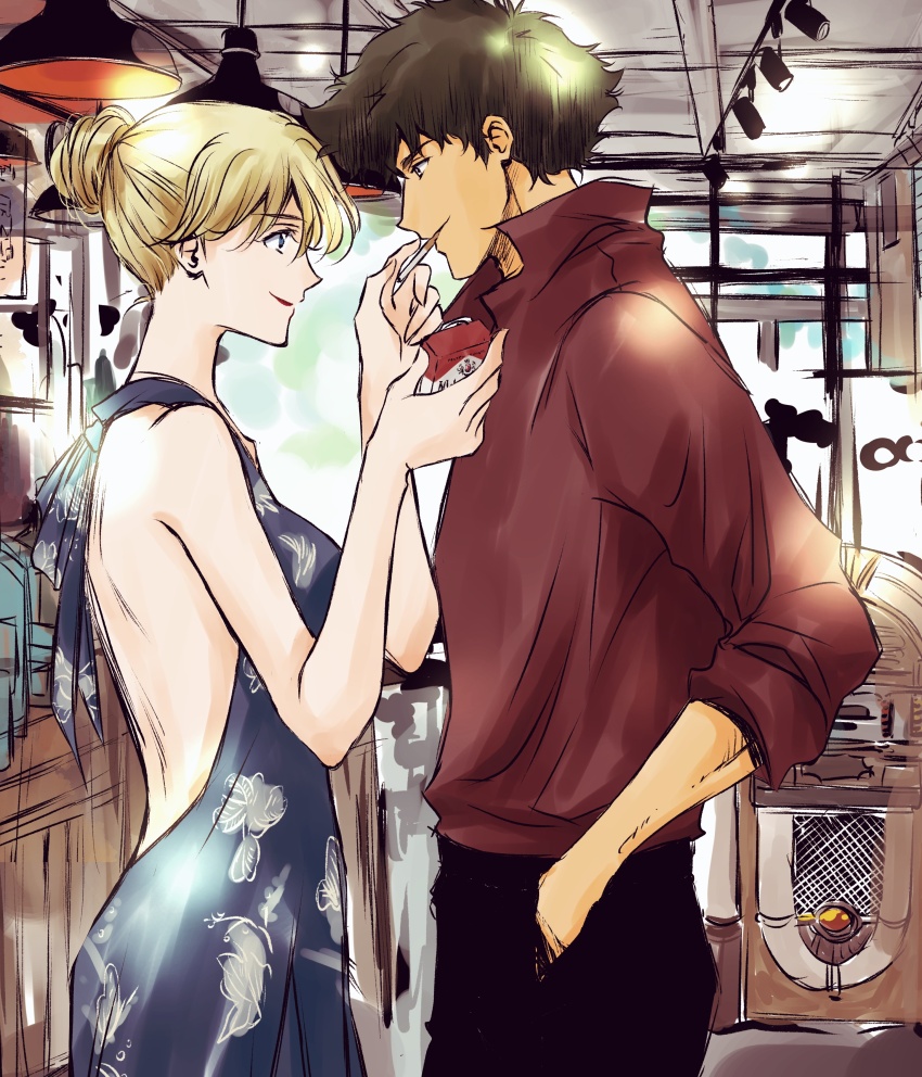 1boy 1girl absurdres back blonde_hair blue_dress breasts cigarette cigarette_pack couple cowboy_bebop dress highres julia_(cowboy_bebop) lipstick makeup medium_breasts red_shirt shirt smile spike_spiegel standing tobalin