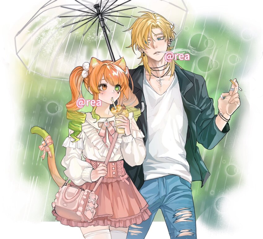 1boy 1girl animal_ears artist_name black_jacket blonde_hair blue_pants bracelet cat_ears cat_girl cat_tail cheek_tattoo cigarette cross cross_necklace degrees_of_lewdity denim drink drinking_straw earrings eyebrow_piercing green_eyes heart heart_tattoo heterochromia highres holding holding_cigarette holding_drink holding_umbrella jacket jeans jewelry looking_at_another necklace open_clothes open_jacket orange_eyes orange_hair outdoors pants piercing pink_bag pink_skirt player_character_(degrees_of_lewdity) player_character_(female)_(degrees_of_lewdity) rain rea_azerra ring ringlets shirt short_hair skirt tail tattoo thighhighs torn_clothes torn_jeans torn_pants umbrella watermark white_shirt white_thighhighs whitney_(degrees_of_lewdity) whitney_(male)_(degrees_of_lewdity)