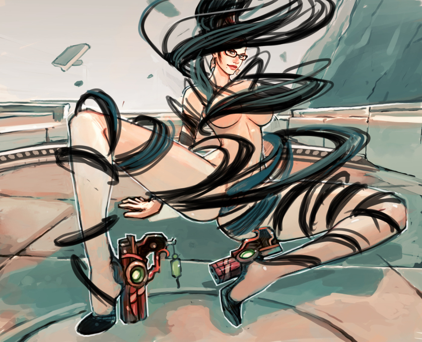 1girl 2017 absurdly_long_hair ankle_gun anus arm_support ass bayonetta bayonetta_(series) beehive_hairdo black-framed_eyewear black_hair bodysuit boots breasts brooch closed_mouth commentary earrings female_focus floating_hair full_body gameplay_mechanics glasses gluteal_fold green_eyes hair_ribbon head_tilt high_heel_boots high_heels jewelry joel_jurion large_breasts leg_up lips living_clothes long_hair long_legs looking_at_viewer mole mole_under_mouth navel nipples nose outdoors ponytail prehensile_hair red_lips ribbon shadow sitting solo spread_legs thick_lips transformation undressing variant_set very_long_hair