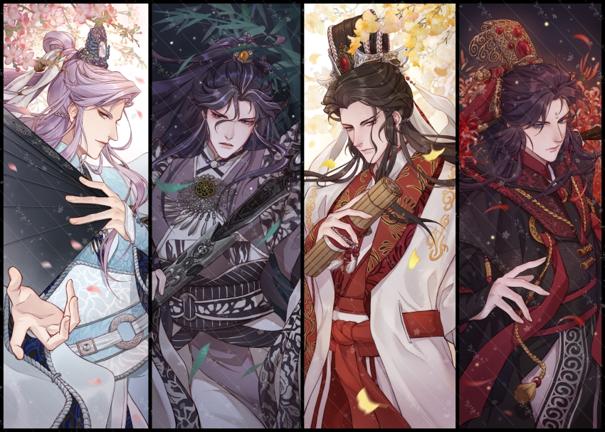4boys absurdres black_border black_hair black_hanfu black_sash black_sleeves blue_eyes blue_hanfu blue_sleeves border branch brown_eyes brown_hair chinese_clothes closed_mouth collage cowboy_shot curtained_hair ding_lingshuang facial_mark falling_petals floating_hair flower from_side gem grey_hanfu grey_sleeves guan_hat hair_bun hair_pulled_back hand_fan hanfu haocang_jianwei highres holding holding_fan jinguang_budaixi long_hair long_sidelocks long_sleeves looking_at_viewer male_focus mo_lisao multicolored_hair multiple_boys murong_ning orange_gemstone outstretched_hand parted_bangs parted_lips patterned_clothing petals pink_flower pink_petals plant purple_hair red_flower red_gemstone red_petals red_sash ribbon sash sidelocks sideways_glance sleeves_past_wrists straight-on streaked_hair tassel teeth three_quarter_view trickydraw waist_sash white_hair white_hanfu white_ribbon wide_sleeves xiao_guan_(headdress) yellow_flower yellow_petals