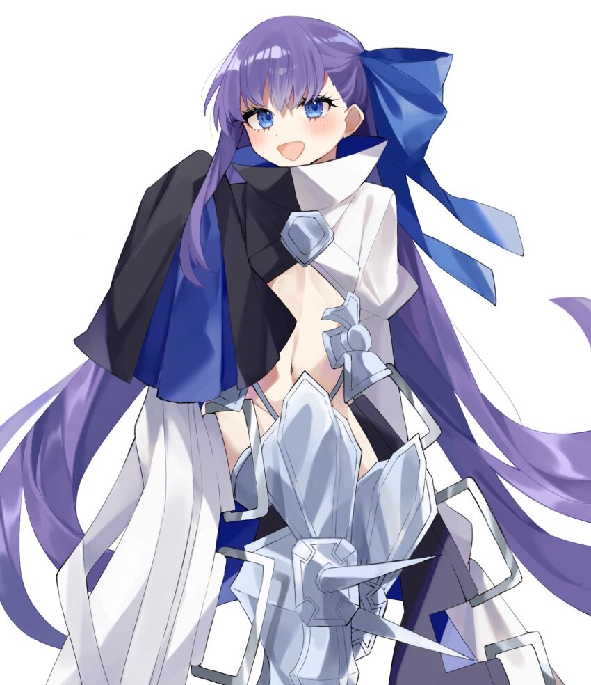 1girl armor blue_eyes blush breasts fate/grand_order fate_(series) hair_ribbon highres juliet_sleeves long_hair long_sleeves looking_at_viewer meltryllis_(fate) meltryllis_(second_ascension)_(fate) meltryllis_(third_ascension)_(fate) navel ooo00_cha puffy_sleeves purple_hair revealing_clothes ribbon simple_background sleeves_past_fingers sleeves_past_wrists small_breasts smile solo very_long_hair white_background white_ribbon