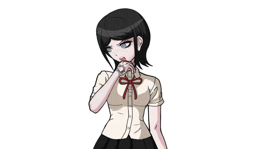 1girl absurdres black_hair black_skirt blue_eyes bow danganronpa:_trigger_happy_havoc danganronpa_(series) drakidor female_focus freckles hand_tattoo highres ikusaba_mukuro looking_down looking_to_the_side neck_ribbon official_style open_mouth pleated_skirt red_bow red_ribbon ribbon shirt simple_background skirt solo solo_focus tattoo tattoo_on_hand teeth third-party_edit tongue transparent_background upper_body upper_teeth_only white_shirt wolf_head xxgoldmadnessxx