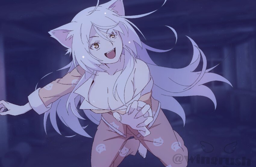 1girl :d animal_ears animal_print bakemonogatari bakeneko barefoot black_hanekawa breasts cat_ears cat_girl cat_print cleavage collarbone commentary_request fooring hanekawa_tsubasa happy highres large_breasts long_hair monogatari_(series) open_mouth pajamas pink_pajamas print_pajamas slit_pupils smile solo teeth twitter_username upper_teeth_only very_long_hair white_hair yellow_eyes