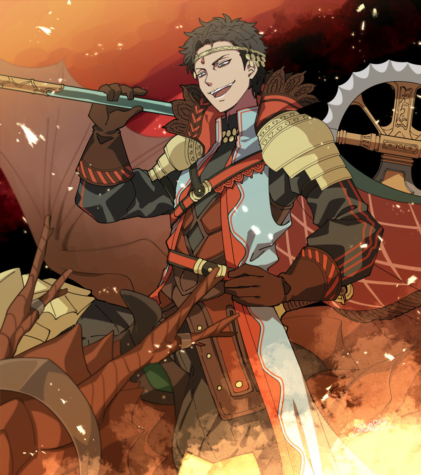 1boy armor axe brown_hair circle dark_skin dragon dragon_horns fire fire_emblem fire_emblem:_three_houses fire_emblem_warriors:_three_hopes gloves green_eyes highres horns l_(matador) nintendo shahid_(fire_emblem) smug solo