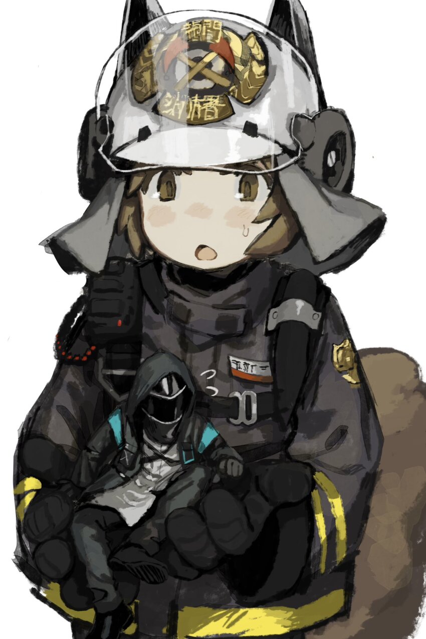 1girl 1other animal_ear_headwear arknights black_coat black_gloves black_pants blush_stickers brown_eyes brown_hair buffalo_iinkai coat covered_face cupping_hands doctor_(arknights) face_shield fake_animal_ears firefighter firefighter_jacket flying_sweatdrops gloves helmet highres hood hood_up hooded_coat in_palm jacket long_sleeves mask mini_person open_mouth own_hands_together pants shaw_(arknights) shirt short_hair simple_background size_difference small_sweatdrop squirrel_girl squirrel_tail tail upper_body visor_lift white_background white_shirt