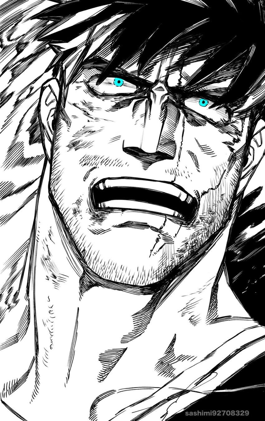 1boy beard_stubble blue_eyes boku_no_hero_academia bruise constricted_pupils endeavor_(boku_no_hero_academia) facial_hair greyscale hair_down highres injury looking_up male_focus mature_male monochrome mustache_stubble neck portrait sanpaku sashimi_oran scar scar_across_eye scar_on_face short_hair sideburns sideburns_stubble solo spiked_hair spot_color stubble tsurime