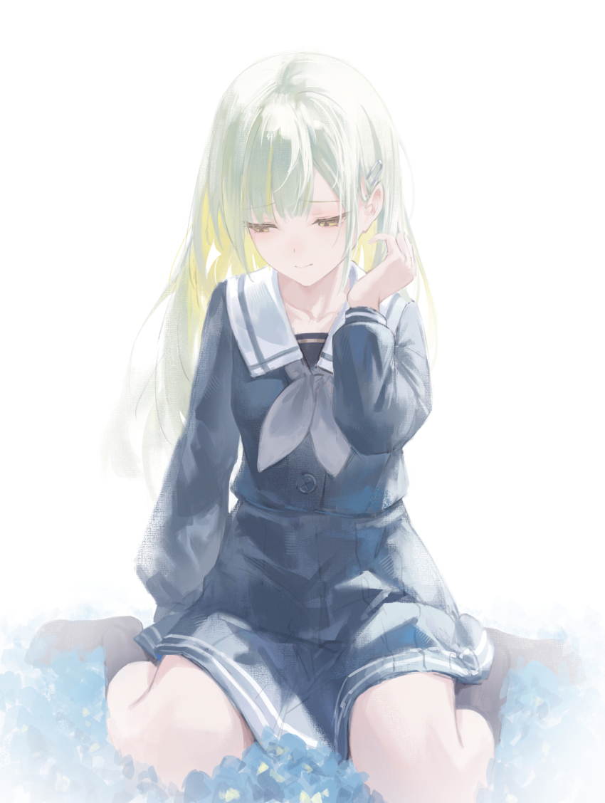 1girl absurdres airool backlighting bang_dream! bang_dream!_it&#039;s_mygo!!!!! black_dress black_socks blonde_hair blue_flower brown_eyes closed_mouth collarbone commentary_request dress field flower flower_field green_hair hair_ornament hairclip half-closed_eyes hand_up highres long_hair long_sleeves multicolored_hair no_shoes pleated_dress puffy_long_sleeves puffy_sleeves school_uniform simple_background sitting smile socks solo two-tone_hair very_long_hair wakaba_mutsumi wariza white_background