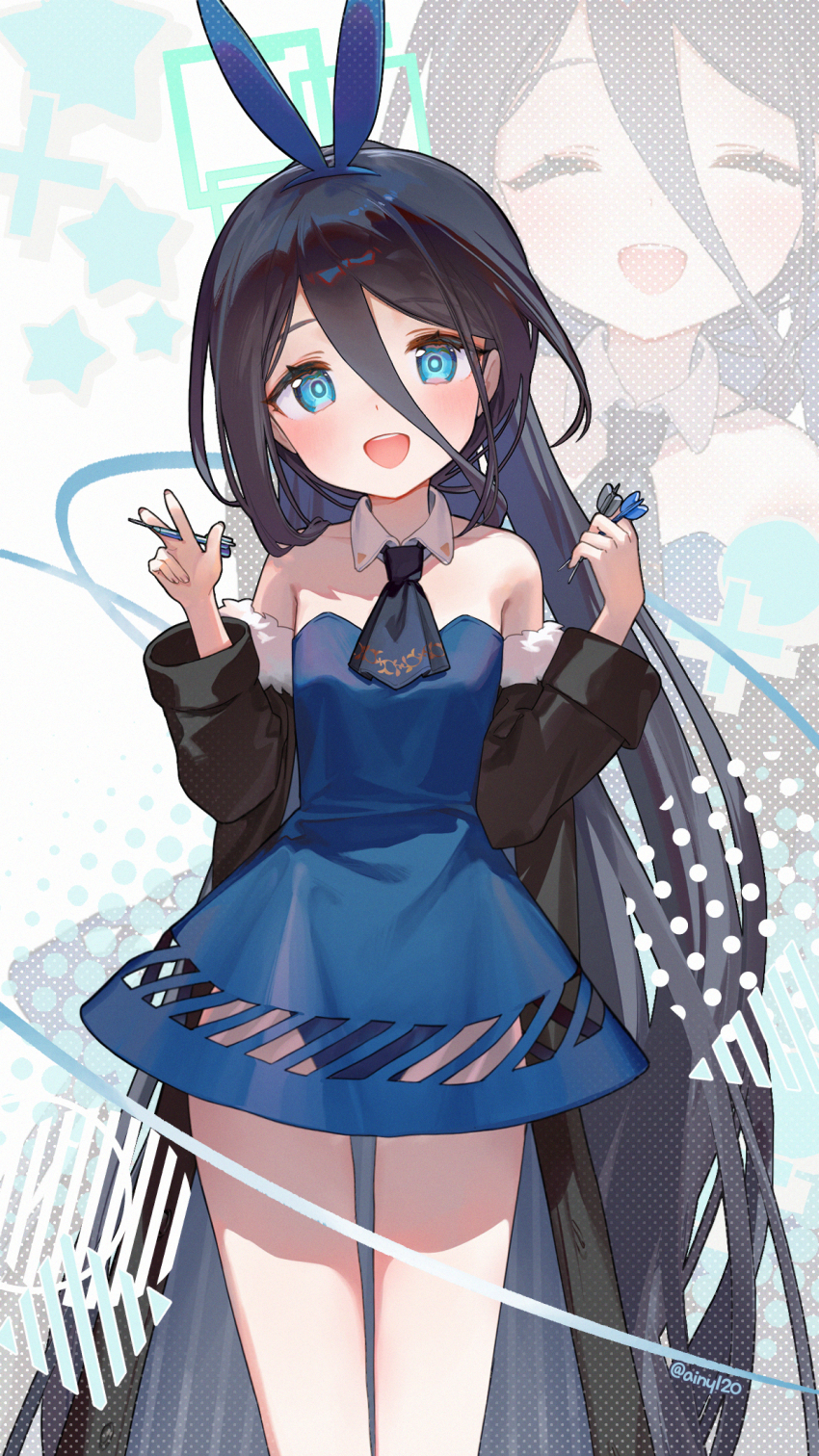 1girl absurdly_long_hair ainy alternate_costume animal_ears aqua_halo aris_(blue_archive) bare_legs black_hair blue_archive blue_dress blue_eyes blue_halo blush closed_eyes dart dress hair_between_eyes halo highres holding_dart leotard long_hair long_hair_between_eyes looking_at_viewer open_mouth playboy_bunny rectangular_halo ringed_eyes smile solo standing very_long_hair