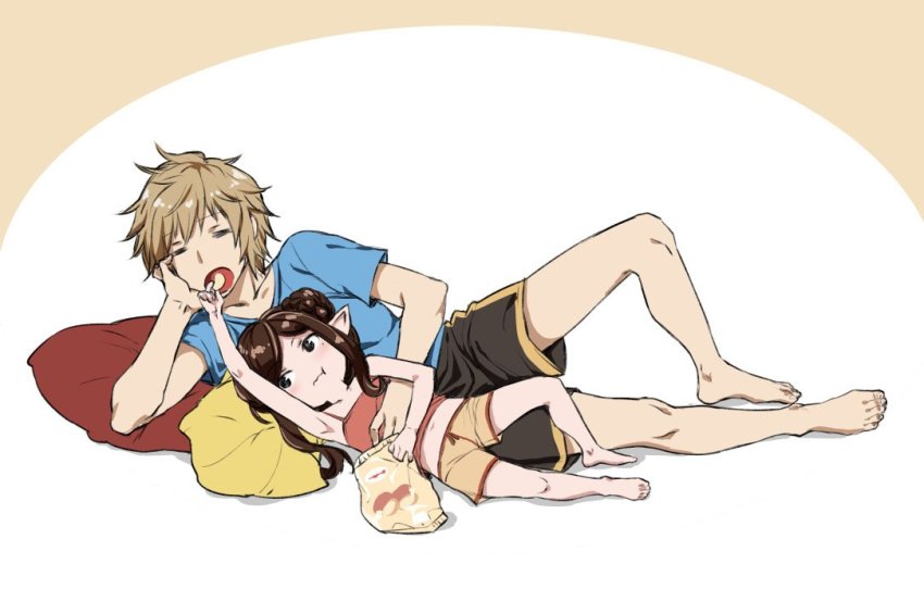 10s 1boy 1girl :t arulumaya bag_of_chips barefoot brown_hair casual chips_(food) feeding food gran_(granblue_fantasy) granblue_fantasy hand_on_another&#039;s_stomach hand_on_own_stomach harvin head_rest height_difference lying mushi024 on_side open_mouth pointy_ears potato_chips shirt short_hair shorts spaghetti_strap t-shirt tank_top