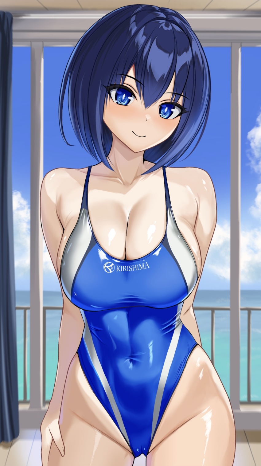 1girl arms_at_sides black_hair blue_eyes blue_one-piece_swimsuit blue_sky breasts cleavage clothes_writing cloud commentary_request competition_swimsuit cowboy_shot curvy dolphin_wave gluteal_fold highleg highleg_one-piece_swimsuit highres large_breasts one-piece_swimsuit shiny_skin short_hair sky solo swimsuit taraba_(redkingtaraba) tojou_michiru two-tone_swimsuit wide_hips