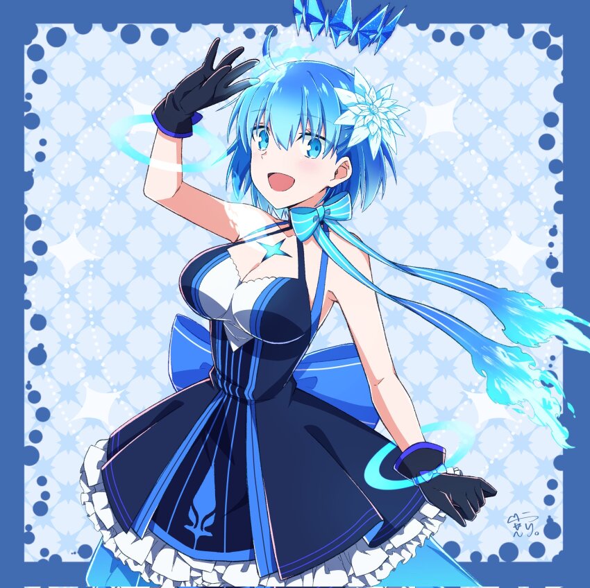 1girl ahoge azami_masurao bare_shoulders black_dress black_gloves blue_bow blue_dress blue_eyes blue_hair bow breasts c.i.e.l_(fate) c.i.e.l_(third_ascension)_(fate) crown dress fate/grand_order fate_(series) gloves highres large_breasts looking_at_viewer open_mouth signature skirt solo