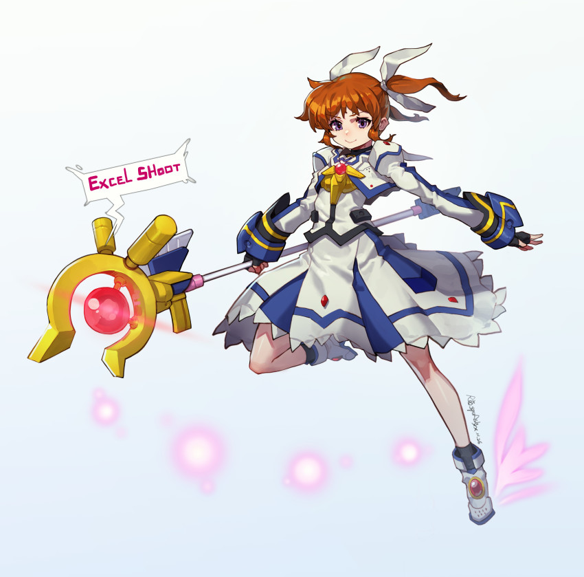 1girl absurdres black_gloves bow brown_hair clenched_hand fingerless_gloves floating gloves gradient_background hair_bow highres holding holding_staff leg_up looking_at_viewer lyrical_nanoha magical_girl mahou_shoujo_lyrical_nanoha_the_movie_2nd_a&#039;s mar10 open_hand purple_eyes raising_heart raising_heart_(accel_mode)_(2nd) smile solo speech_bubble staff takamachi_nanoha takamachi_nanoha_(movie_1st_mode) twintails v-shaped_eyebrows white_bow