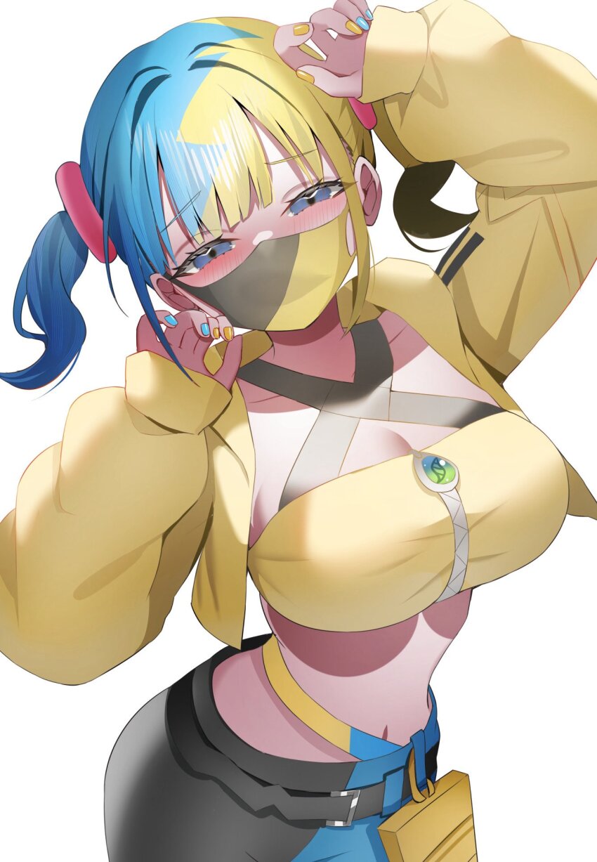 1girl aa44 arm_up blonde_hair blue_eyes blue_hair blue_nails blush breasts canari_(pokemon) crop_top hair_ornament hand_up highres large_breasts looking_at_viewer mask midriff mouth_mask multicolored_hair nail_polish nintendo pants pokemon pokemon_legends:_z-a simple_background solo split-color_hair twintails two-tone_pants white_background yellow_nails zipper_pull_tab