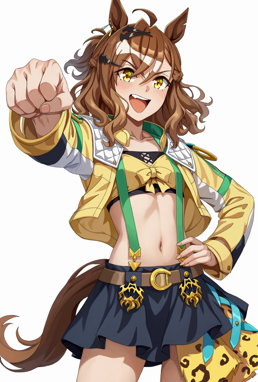 1girl absurdres ahoge animal_ears bandeau belt black_skirt blush brown_hair clenched_hand cowboy_shot cropped_jacket fang flat_chest hair_ornament hairclip hand_on_own_hip highres horse_ears horse_girl horse_tail isu8376 jacket jungle_pocket_(umamusume) long_sleeves medium_hair midriff miniskirt navel notched_ear open_clothes open_jacket open_mouth outstretched_arm ponytail reaching reaching_towards_viewer short_ponytail simple_background skirt smile solo standing suspender_skirt suspenders tail teeth umamusume upper_teeth_only white_background yellow_eyes yellow_jacket