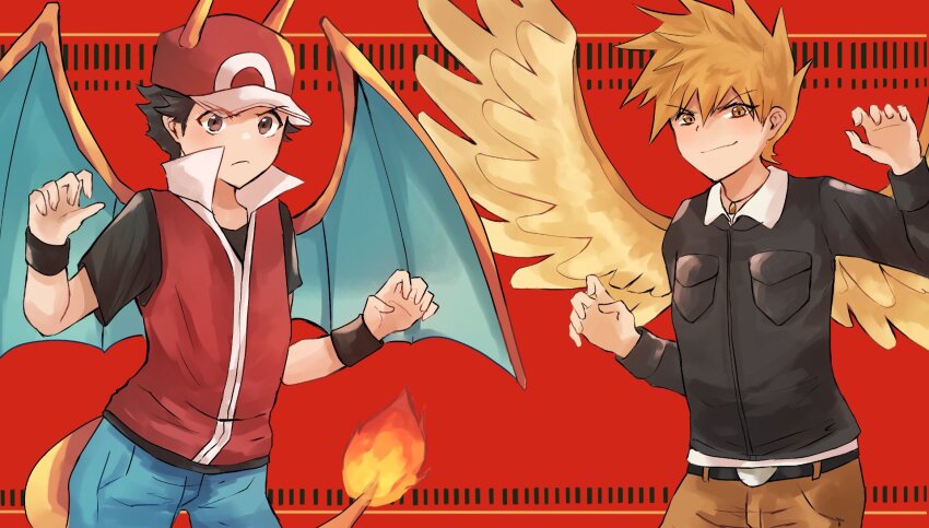 2boys belt belt_buckle black_belt black_jacket black_shirt blue_oak blue_pants breast_pocket brown_pants buckle closed_mouth collared_shirt commentary_request fire flame-tipped_tail hat highres jacket long_sleeves male_focus multiple_boys nintendo pants pocket pokemon pokemon_hgss pokemon_wings red_(pokemon) red_background red_hat red_vest shirt shiruko_(s1ruko) short_hair short_sleeves smile t-shirt tail vest white_shirt wristband