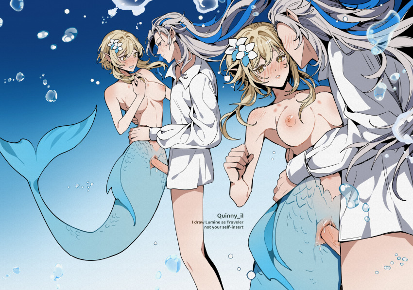 1boy 1girl blonde_hair blue_hair blush breasts closed_mouth flower genshin_impact hair_between_eyes hair_flower hair_ornament highres long_hair long_sleeves lumine_(genshin_impact) medium_breasts mermaid monster_girl multicolored_hair neuvillette_(genshin_impact) nipples penis pointy_ears pussy quinny_il scar sex shirt streaked_hair topless_female vaginal white_hair white_shirt yellow_eyes