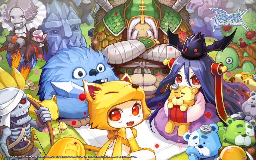 2girls 3boys alcohol archer_skeleton bat_(animal) bell bibibic black_hair bow bow_(weapon) closed_mouth colored_skin copyright_notice creature cup dracula_(ragnarok_online) drinking_glass facial_hair familiar_(ragnarok_online) fox fox_hat full_body gazeti goatee grey_hair grey_skin grin hands_in_opposite_sleeves highres holding holding_bow_(weapon) holding_weapon ice ice_titan jingle_bell kitsune logo long_hair looking_at_viewer monster moonlight_flower multiple_boys multiple_girls multiple_tails mushroom nine_tail_(ragnarok_online) object_through_head official_art official_wallpaper open_mouth permeter_(ragnarok_online) picnic pink_shirt purple_skirt ragnarok_online red_eyes red_wine screw_in_head shirt short_hair skeleton skirt smile snowier sohee stuffed_animal stuffed_toy tail teddy_bear teddy_bear_(ragnarok_online) turtle turtle_general undead very_long_hair weapon wine wine_glass yellow_bow