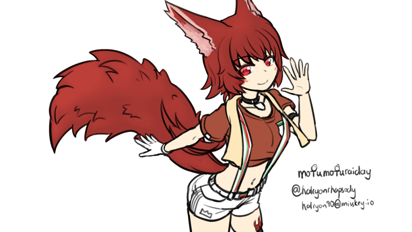 1girl animal_ears arknights black_choker blush brown_shirt choker closed_mouth commentary_request cowboy_shot crop_top cropped_shirt crown_(symbol) flametail_(arknights) flametail_(sport_for_all)_(arknights) gloves halcyon_(halcyon90) hand_up looking_at_viewer navel official_alternate_costume red_eyes red_hair red_tail shirt short_hair short_sleeves shorts simple_background single_glove sketch smile solo standing suspenders t-shirt tail waving white_background white_gloves white_shorts