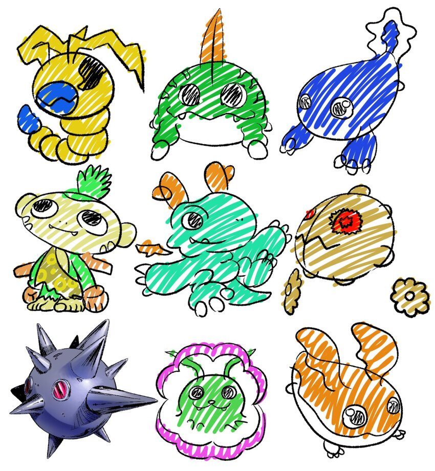 betamon black_eyes chikurimon claws digimon digimon_(creature) dracomon fangs hagurumon highres koemon kunemon otamamon patamon red_eyes shakomon spikes wings