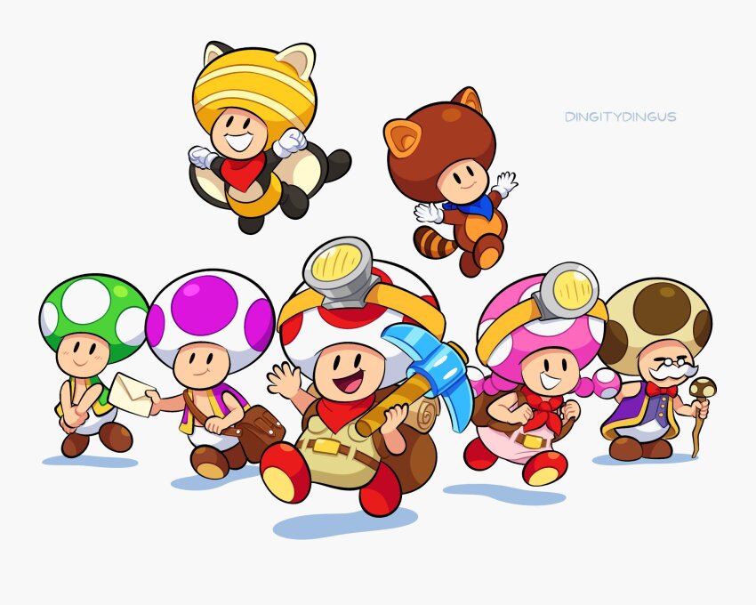 1girl 6+boys :d animal_costume animal_ears arm_up artist_name backpack bag bandana belt black_eyes blue_bandana blue_toad_(mario) blush bow bowtie brown_bag brown_belt brown_footwear brown_shirt cane captain_toad captain_toad:_treasure_tracker closed_eyes closed_mouth commentary english_commentary envelope facial_hair fake_animal_ears fake_tail floating flying flying_squirrel_toad_(mario) glasses green_toad_(mario) green_vest grin hand_up headlamp highres holding holding_cane holding_envelope holding_pickaxe jacket looking_at_viewer mailtoad mario_(series) multiple_boys mustache new_super_mario_bros._u nintendo open_clothes open_mouth open_vest own_hands_together pickaxe pink_shirt purple_toad_(mario) purple_vest raccoon_ears raccoon_tail red_bandana red_bow red_bowtie red_footwear round_eyewear satchel scroll shirt shoes simple_background smile smirk solid_oval_eyes squirrel_ears super_mario_3d_land tail tanuki_toad_(mario) toad_(mario) toadette toadsworth twintails vest vinny_(dingitydingus) waving white_background yellow_toad_(mario)