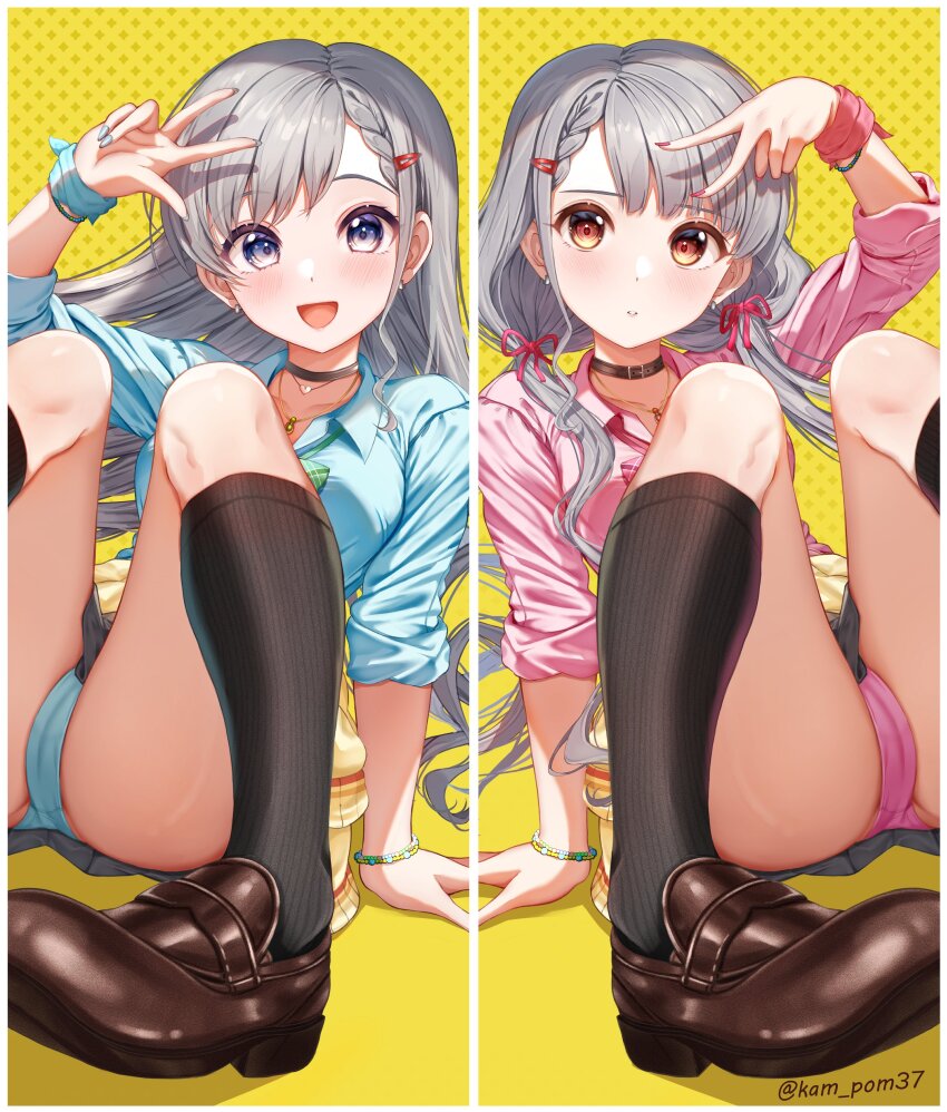 2girls absurdres aqua_panties aqua_shirt arm_up ass asymmetrical_bangs black_choker black_socks blush bracelet braid braided_bangs brown_footwear cameltoe choker collarbone fingernails gyaru highres hisakawa_hayate hisakawa_nagi idolmaster idolmaster_cinderella_girls jewelry kneehighs knees_up kogal looking_at_viewer multiple_girls nail_polish open_collar panties pantyshot patterned_background pink_panties pink_shirt shirt siblings sisters sitting smile socks twins twintails twitter_username underwear v w yellow_background yugao_(kam_pom37)