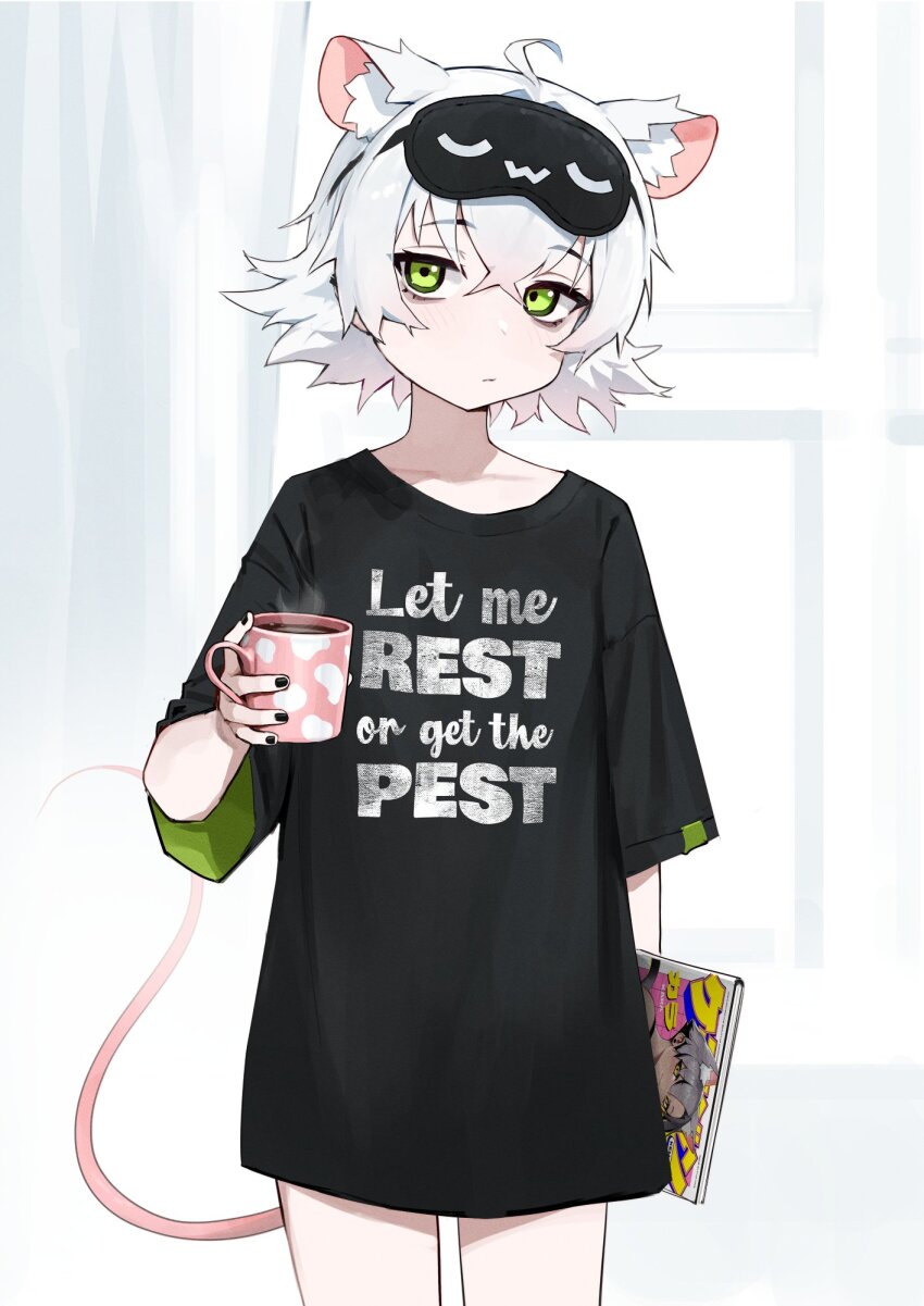 1girl ahoge animal_ear_fluff animal_ears arm_at_side artist_self-reference black_nails black_shirt book closed_mouth clothes_writing commentary cowboy_shot crossed_bangs cup english_commentary extra_ears flat_chest green_eyes hand_up highres holding holding_book holding_cup light_blush looking_at_viewer mask mask_on_head mouse_ears mouse_girl mouse_tail original oversized_clothes oversized_shirt perl_(vertigris) shirt short_hair sidelocks sleep_mask solo standing steam tail vertigris white_hair