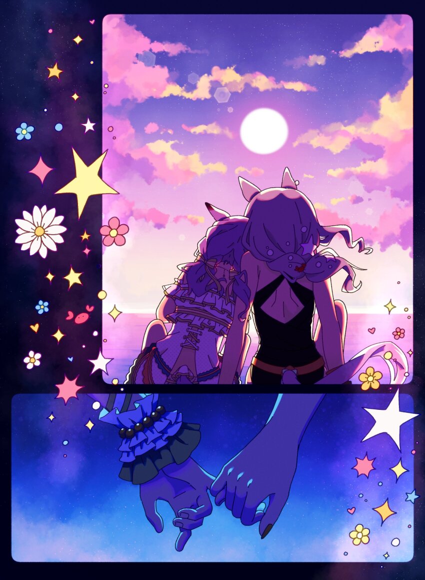 2girls absurdres animal_ears bare_shoulders bikini black_one-piece_swimsuit casual_one-piece_swimsuit cloud dress dress_swimsuit flower from_behind gold_ship_(run_revolt_launcher)_(umamusume) gold_ship_(umamusume) grey_hair highres holding_hands horse_ears horse_girl horse_tail kitnoko leaning leaning_on_person long_hair mejiro_mcqueen_(ripple_fairlady)_(umamusume) mejiro_mcqueen_(umamusume) multiple_girls ocean official_alternate_costume one-piece_swimsuit outdoors pink_sky purple_hair sky star_(symbol) sunset swimsuit tail umamusume water yuri
