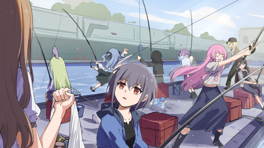 6+girls absurdres ankle_boots ankle_socks arm_up arms_up ave_mujica_(bang_dream!) bag bang_dream! bang_dream!_it&#039;s_mygo!!!!! bare_shoulders baseball_cap bird black_boots black_choker black_hair black_hat black_jacket black_pants black_ribbon black_shirt black_shoes black_skirt blonde_hair blue_hair blue_jacket blue_skirt boots box bra brown_eyes brown_hair brown_jacket bucket can chihaya_anon choker closed_eyes clothes_lift collarbone collared_jacket commentary cropped_shirt crossed_bangs curled_fingers dated_commentary day everyone facing_ahead facing_animal facing_another fang fish fish_in_bucket fishing fishing_net fishing_rod floating frilled_shirt frills green_hair grey_hair grey_jacket grey_pants grey_shirt grey_skirt grey_socks hair_between_eyes hair_ribbon hand_up hat high_heel_boots high_heels highres holding holding_bag holding_fishing_rod hood hood_down hooded_jacket jacket kaname_raana leaning_forward long_hair long_skirt looking_at_another low_ponytail mary_janes medium_hair medium_skirt midriff midriff_peek misumi_uika mole mole_under_eye multiple_girls mygo!!!!!_(bang_dream!) nagasaki_soyo navel octopus on_box one_side_up open_clothes open_jacket open_mouth outdoors pants pants_rolled_up parted_lips pink_hair pleated_skirt ponytail print_shirt puffy_short_sleeves puffy_sleeves pulling_another&#039;s_clothes purple_eyes purple_hair purple_shirt purple_skirt ribbon river shiina_taki shirt shirt_lift shirt_tug shoes shopping_bag short_hair short_sleeves sidelocks sitting sitting_on_box skin_fang skirt sky sleeves_rolled_up socks spitting standing swept_bangs takamatsu_tomori togawa_sakiko underwear v-shaped_eyebrows very_long_hair wakaba_mutsumi walking wharf white_bra white_hair white_jacket white_shirt yahata_umiri yuutenji_nyamu yzj21333