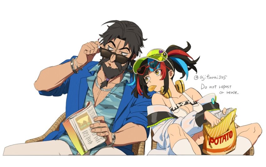1boy 1girl asaya_minoru bag_of_chips bare_shoulders beard bikini bikini_under_clothes black_hair blue_shirt breasts brown_eyes chips_(food) cleavage collarbone collared_shirt dress_shirt edward_teach_(fate) edward_teach_(midsummer_gentleman)_(fate) english_text eyewear_on_headwear eyewear_pull facial_hair fate/grand_order fate_(series) feet_out_of_frame food food_in_mouth headphones headphones_around_neck heart heart-shaped_eyewear jacket long_sleeves looking_over_eyewear looking_to_the_side medium_breasts mouth_hold mustache navel off_shoulder open_clothes open_jacket open_shirt pants parted_lips ponytail potato_chips puffy_long_sleeves puffy_sleeves red-framed_eyewear see-through_clothes sei_shounagon_(fate) sei_shounagon_(swimsuit_berserker)_(fate) sei_shounagon_(swimsuit_berserker)_(first_ascension)_(fate) shirt simple_background sitting socks sunglasses swimsuit thick_eyebrows twitter_username visor_cap watch white_background white_bikini white_jacket white_pants white_socks wristwatch