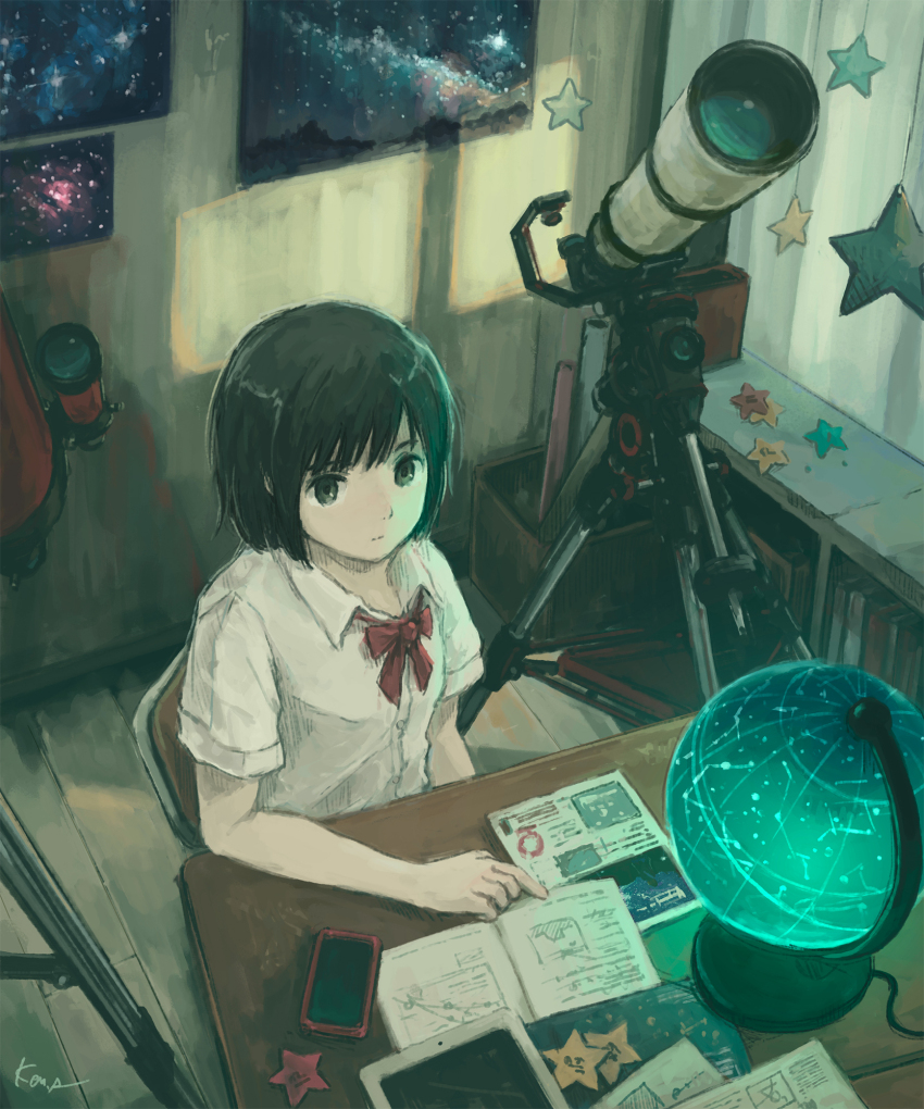1girl artist_name black_hair bob_cut book bookshelf brown_eyes celestial_globe cellphone chair classroom collared_shirt commentary crate curtains desk diagram dress_shirt globe highres index_finger_raised indoors kensight328 open_book original paper phone pointing poster_(object) reading school_chair school_uniform shirt short_hair short_sleeves signature smartphone solo star_(sky) star_(symbol) studying tablet_pc telescope white_shirt window wooden_floor