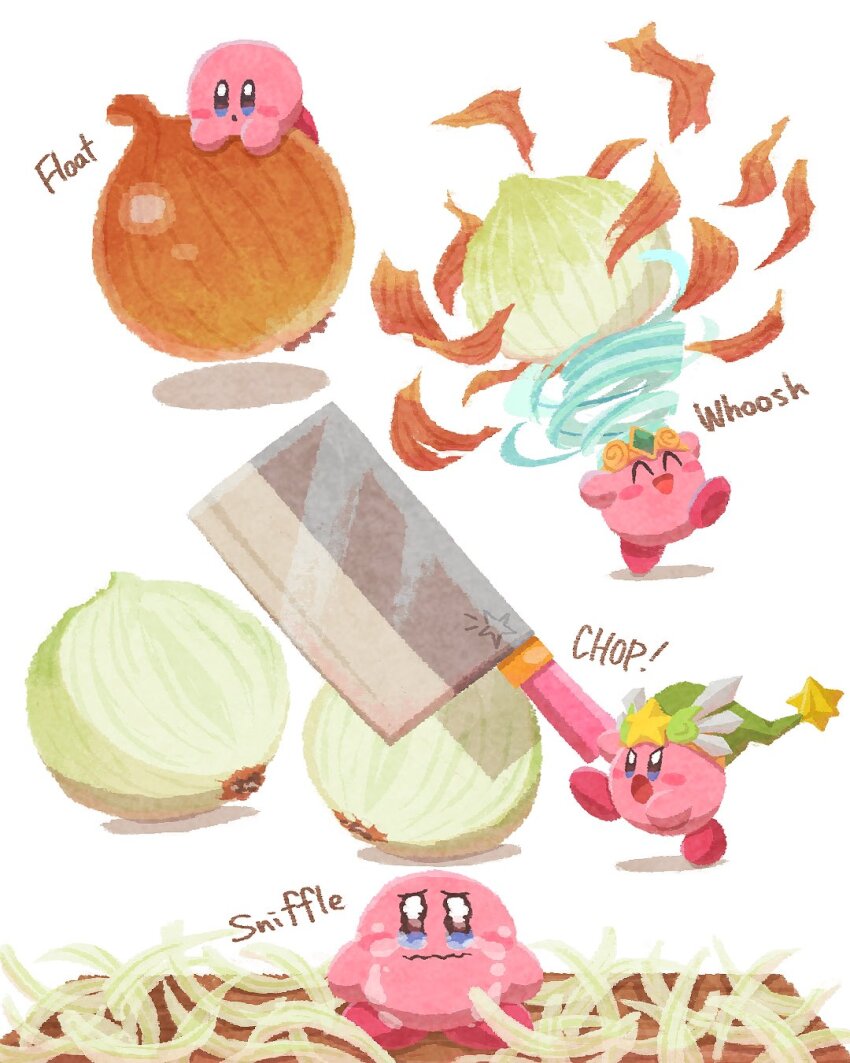 :d :o ^_^ arms_up blue_eyes blush blush_stickers closed_eyes closed_mouth commentary copy_ability crying crying_with_eyes_open cutting_board cutting_onions english_commentary green_headwear hat highres holding holding_knife kirby kirby_(series) knife looking_at_viewer miclot multiple_views nintendo onion open_mouth simple_background smile sound_effects star_(symbol) sword_kirby tears tornado_kirby ultra_sword_kirby v-shaped_eyebrows wavy_mouth white_background wind