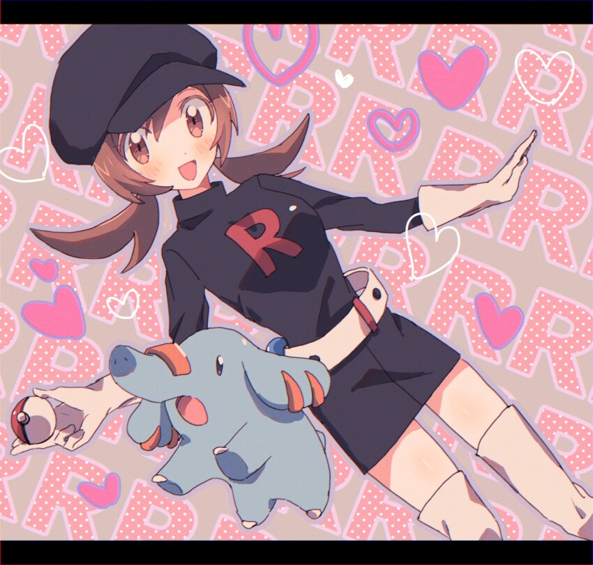 1girl :d belt black_dress black_hat boots brown_eyes brown_hair bucket_(b1zja) newsboy_cap commentary dress gen_2_pokemon gloves hat heart highres holding holding_poke_ball long_sleeves looking_at_viewer lyra_(pokemon) nintendo open_mouth phanpy poke_ball pokemon pokemon_(creature) pokemon_hgss smile solo team_rocket team_rocket_uniform thigh_boots twintails white_gloves