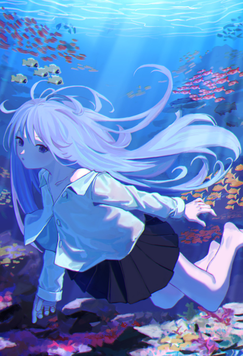 1girl :o bare_legs barefoot black_skirt blue_eyes chromatic_aberration collarbone collared_shirt conari denpa_onna_to_seishun_otoko fish freediving hair_spread_out highres long_hair long_sleeves looking_at_viewer off_shoulder parted_lips pleated_skirt purple_eyes shirt skirt solo sunlight swimming touwa_erio underwater very_long_hair white_hair white_shirt