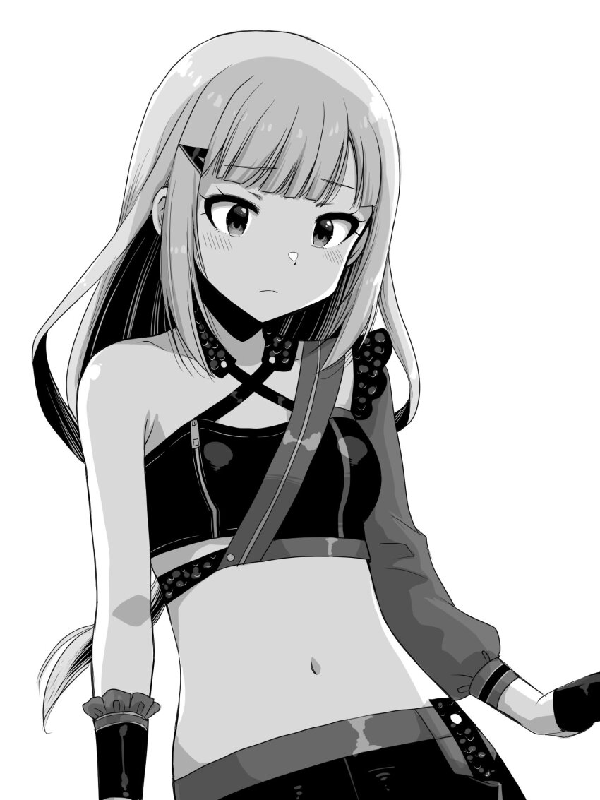 1girl armpits blunt_bangs blush breasts closed_mouth dot_nose eyelashes greyscale hair_ornament hairpin halterneck highres idolmaster idolmaster_million_live! idolmaster_million_live!_theater_days long_hair looking_down matcha_kingyo midriff monochrome navel official_alternate_costume shiraishi_tsumugi shy sidelocks simple_background single_bare_shoulder single_sleeve small_breasts solo tank_top upper_body white_background zipper zipper_pull_tab