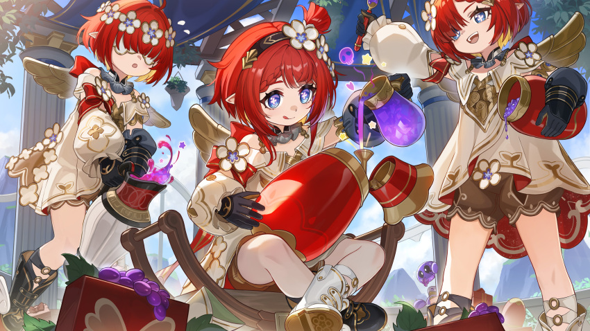 3girls absurdres ancient_greek_clothes angel_wings architecture asymmetrical_footwear black_boots black_gloves black_hairband blue_eyes blue_sky boots chinese_commentary commentary_request cross-shaped_pupils crossed_legs dress gloves greco-roman_architecture greco-roman_clothes hairband head_wreath highres holding holding_jar holding_spoon honkai:_star_rail honkai_(series) jar licking_lips multiple_girls open_mouth red_hair rx-c short_hair sitting sky smile spoon stone_pillar symbol-shaped_pupils tongue tongue_out trianne_(honkai:_star_rail) tribbie_(honkai:_star_rail) trinnon_(honkai:_star_rail) white_blindfold white_boots white_dress winged_boots wings