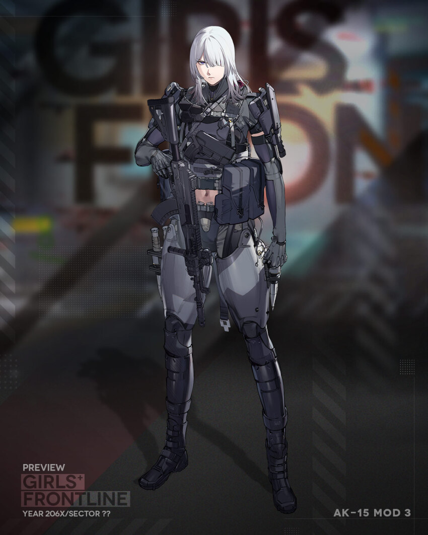 1girl ak-15 ak-15_(girls&#039;_frontline) ak-15_(mod3)_(girls&#039;_frontline) assault_rifle body_armor closed_mouth duoyuanjun girls&#039;_frontline gloves grey_hair gun hair_over_one_eye handgun highres holding holding_weapon holster holstered kalashnikov_rifle knife knife_sheath long_hair looking_at_viewer mask mod3_(girls&#039;_frontline) molle_vest mouth_mask mp-443_grach navel official_art optical_sight pouch purple_eyes rifle sheath tactical_clothes trigger_discipline vertical_foregrip weapon