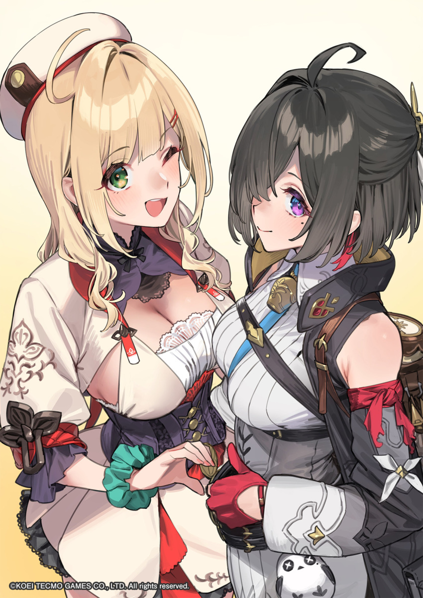 2girls 92m ahoge alvina_zimlock atelier_(series) atelier_resleriana atelier_yumia black_hair blonde_hair breasts cleavage dress gloves green_eyes hair_between_eyes hair_ornament hair_over_one_eye half-heart_hands heart_hands_failure highres large_breasts long_hair looking_at_viewer medium_breasts mole mole_under_eye multicolored_hair multiple_girls official_art one_eye_closed partially_fingerless_gloves purple_eyes red_gloves red_hair scrunchie short_hair smile teeth thumbs_up upper_teeth_only white_background wrist_scrunchie yumia_liessfeldt