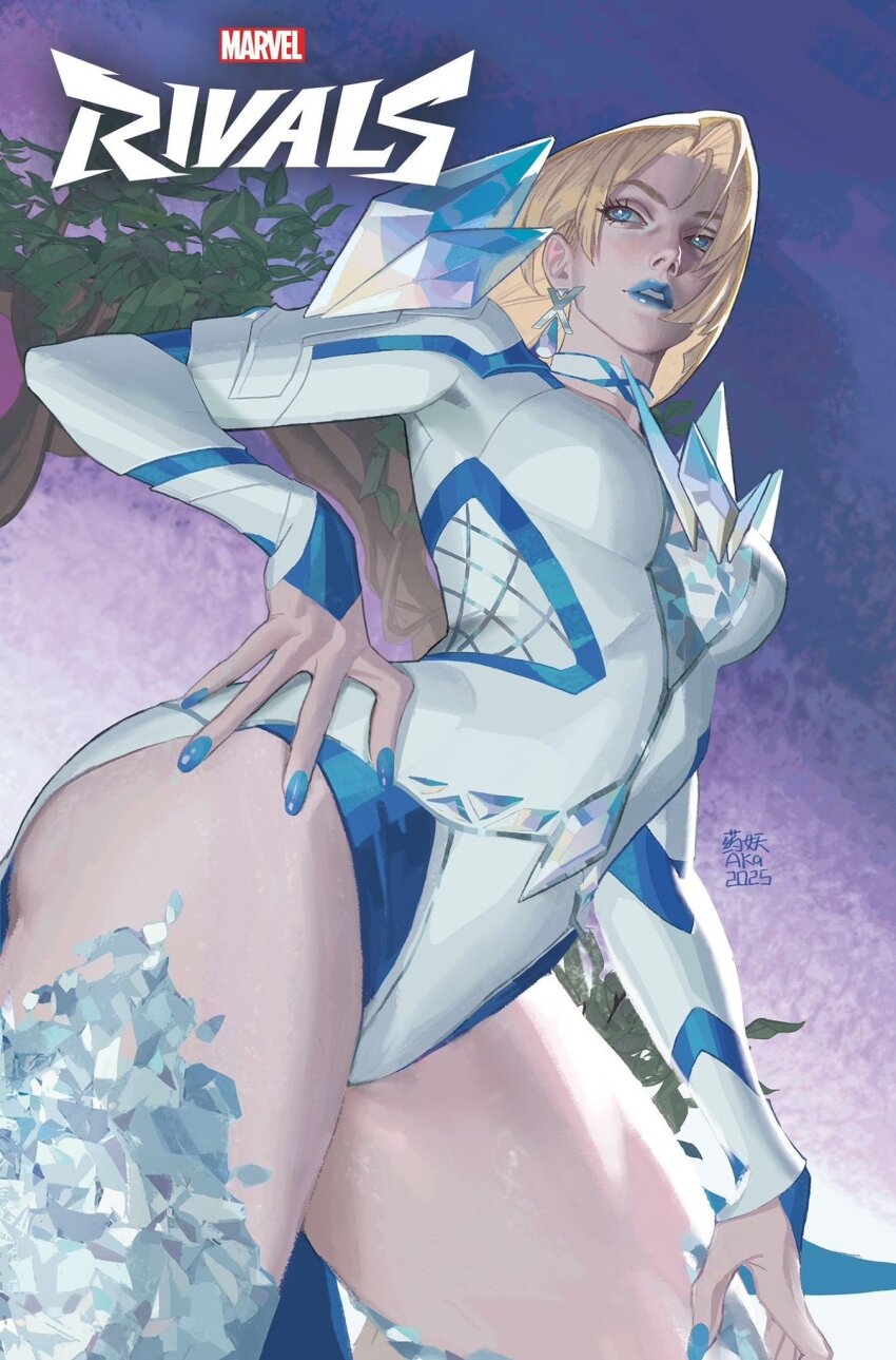1girl blonde_hair blue_eyes blue_lips blue_nails breasts choker cleavage diamond_(gemstone) earrings emma_frost frostrayner highres jewelry leotard lipstick makeup marvel marvel_rivals short_hair solo thick_thighs thighs x-men