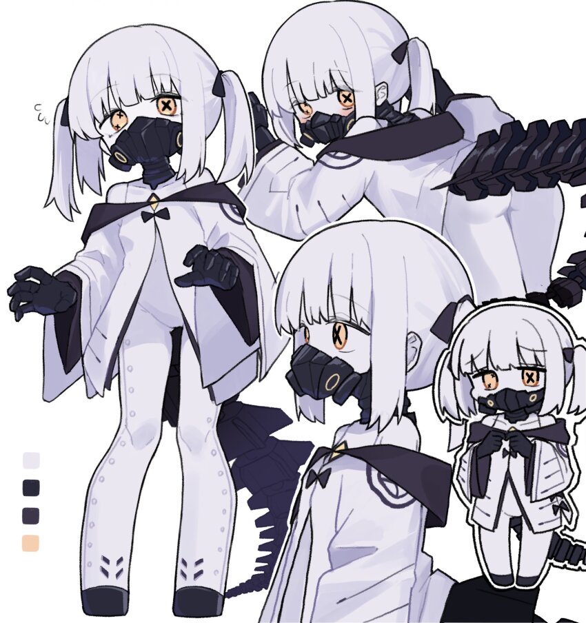 1girl blue_archive blush chibi coat color_guide colored_skin cross-shaped_pupils ein_(blue_archive) flying_sweatdrops from_side furrowed_brow hair_ribbon highres looking_ahead looking_at_viewer looking_back lying mask mechanical_hands mechanical_tail medium_hair multiple_views off-shoulder_coat off_shoulder on_stomach outline qusouzu_mogari respirator ribbon simple_background standing symbol-shaped_pupils tail twintails white_background white_coat white_hair white_skin yellow_eyes