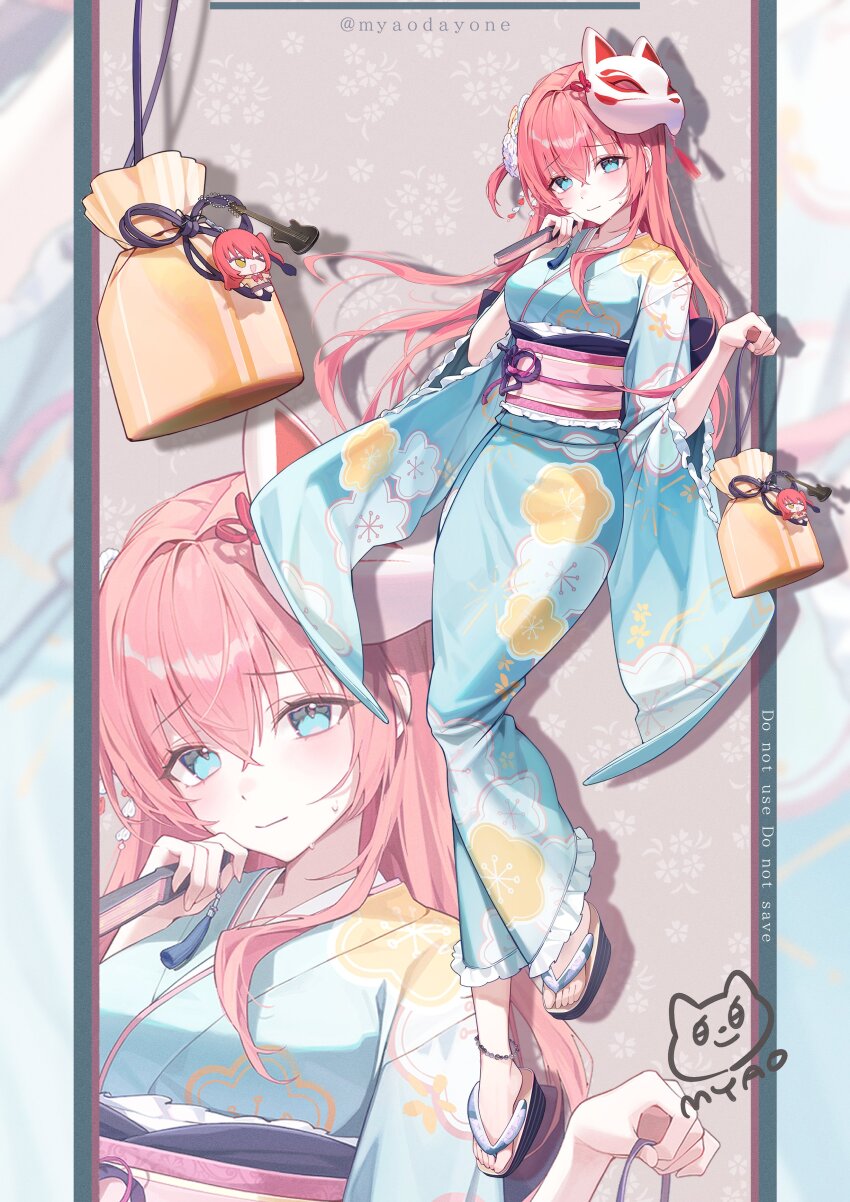 absurdres alternate_costume barefoot bocchi_the_rock! fox_mask full_body gotoh_hitori hair_between_eyes highres japanese_clothes kimono long_hair looking_at_viewer mask myao_(myaodayone) pastel_colors sandals yukata