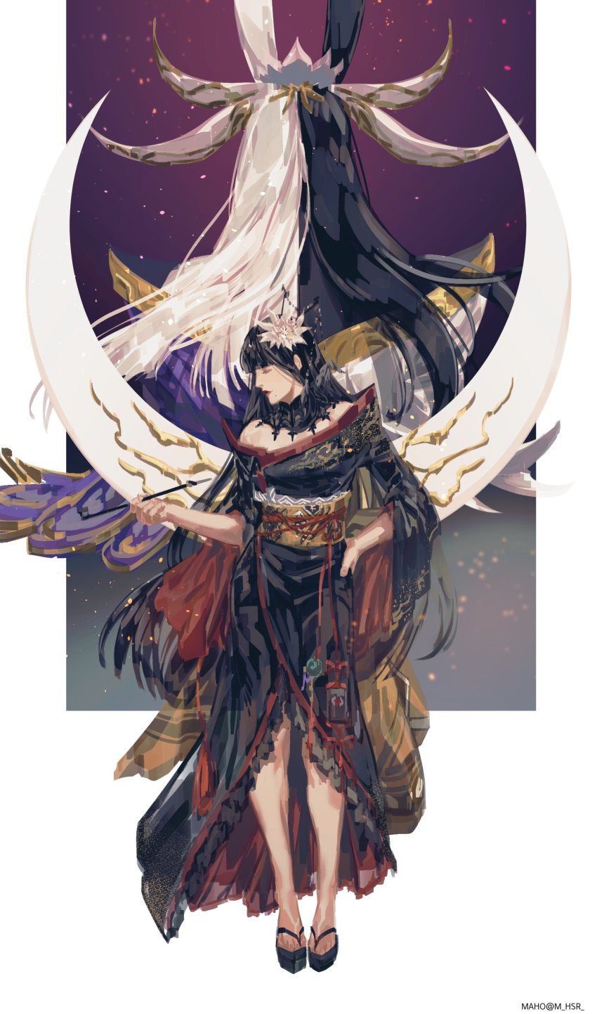 2girls absurdres animal_ears artist_name back-to-back bare_shoulders black_collar black_footwear black_hair black_kimono blunt_bangs closed_eyes collar commentary_request crescent_moon dual_persona epiphyllum final_fantasy final_fantasy_xiv flower full_body hair_flower hair_ornament hair_stick hand_on_own_hip highres holding holding_smoking_pipe hyur inrou japanese_clothes karmaho kimono kiseru korean_commentary lace_collar long_hair mole mole_under_mouth moon multicolored_hair multiple_girls obi obiage obijime off_shoulder okobo outside_border pillarboxed platform_sandals profile rabbit_ears red_lips red_trim sandals sash smoking_pipe split-color_hair standing straight_hair tsukuyomi_(ff14) two-tone_hair white_hair wide_sleeves yotsuyu_goe_brutus