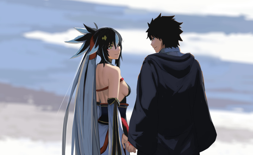 1boy 1girl armor back bare_shoulders black_hair black_robe blue_eyes breasts command_spell detached_sleeves eye_contact fate/grand_order fate_(series) fujimaru_ritsuka_(male) fujimaru_ritsuka_(male)_(mage&#039;s_association_uniform) gold_trim hair_between_eyes halterneck high_ponytail highres holding_hands japanese_armor long_hair looking_at_another medium_breasts multicolored_hair nagao_kagetora_(fate) paperpillar ponytail robe sideboob smile two-tone_hair uesugi_kenshin_(fate) uesugi_kenshin_(third_ascension)_(fate) very_long_hair white_hair wide_sleeves