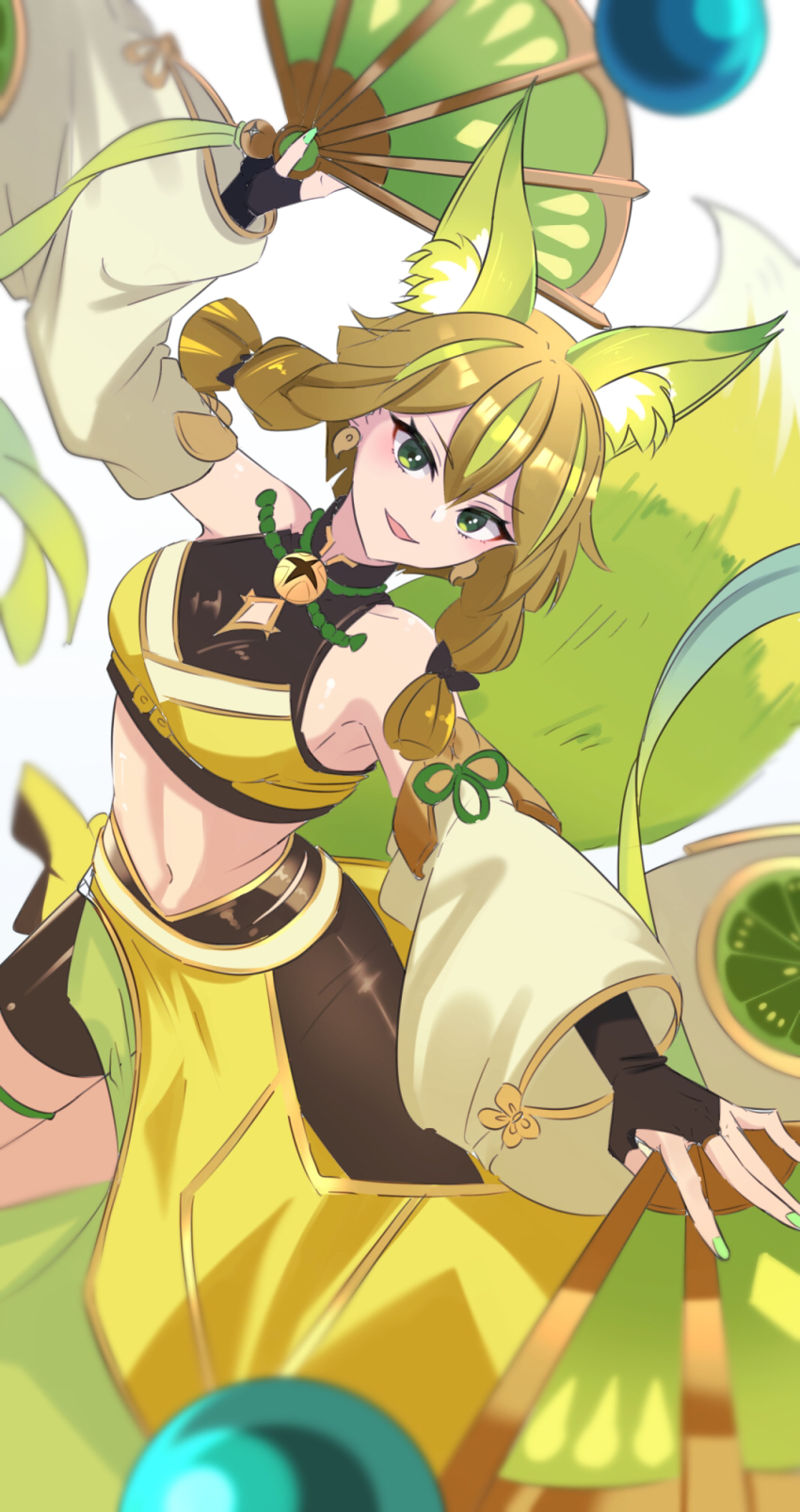1girl animal_ear_fluff animal_ears bare_shoulders bike_shorts blush breasts bridal_gauntlets brown_hair collarbone crop_top detached_sleeves dual_wielding duel_monster fox_ears fox_girl fox_tail green_eyes green_hair green_nails hair_between_eyes hand_fan heichi highres holding holding_fan hu-li_the_jewel_mikanko japanese_clothes long_sleeves medium_breasts midriff multicolored_hair navel nontraditional_miko open_mouth parted_lips short_hair_with_long_locks simple_background smile solo stomach streaked_hair tail twintails white_background wide_sleeves yu-gi-oh!