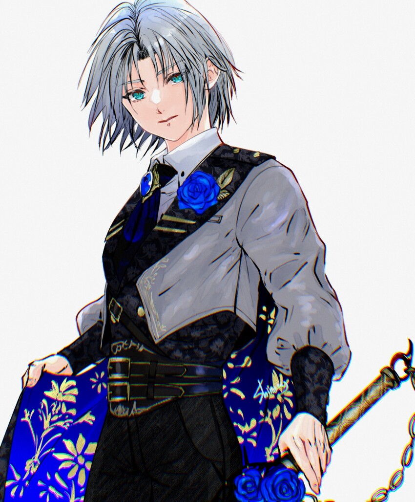 1boy aged_down ascot belt blue_ascot blue_cape blue_corset blue_eyes blue_flower blue_rose brooch cape collared_shirt corsage corset cowboy_shot cropped_jacket final_fantasy final_fantasy_vii final_fantasy_vii_ever_crisis floral_print flower grey_hair grey_jacket hand_on_hilt highres holding holding_unworn_cape holding_unworn_clothes jacket jewelry long_sleeves looking_at_viewer male_focus official_alternate_costume rose sephiroth sephiroth_(dark_attire) sephiroth_(ever_crisis) shinogu_r shirt short_hair simple_background solo sword unworn_cape weapon white_background white_shirt