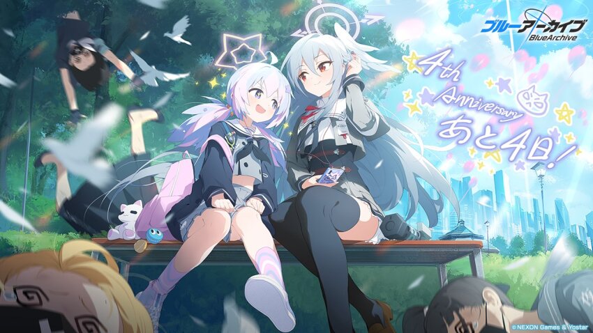 6+girls @_@ ahoge anniversary black_hair black_thighhighs blonde_hair blue_archive blue_hair blue_sky brown_footwear closed_mouth cloud cloudy_sky commentary_request copyright_name copyright_notice cropped_jacket cross-laced_footwear day earphones grey_hair grey_jacket grey_shirt grey_skirt grey_wings hair_between_eyes halo head_wings high-waist_skirt jacket jell_(jell_y_fish) loafers long_hair long_sleeves looking_at_another low_twintails midriff multiple_girls official_art on_bench open_mouth outdoors purple_eyes purple_hair red_eyes reisa_(blue_archive) sailor_collar school_uniform second-party_source shared_earphones shirt shoes single_head_wing sitting skirt sky smile socks sparkling_eyes star_halo striped_clothes striped_socks sukeban_(mg)_(blue_archive) sukeban_(smg)_(blue_archive) sukeban_(sr)_(blue_archive) suzumi_(blue_archive) thighhighs twintails white_sailor_collar wings zettai_ryouiki