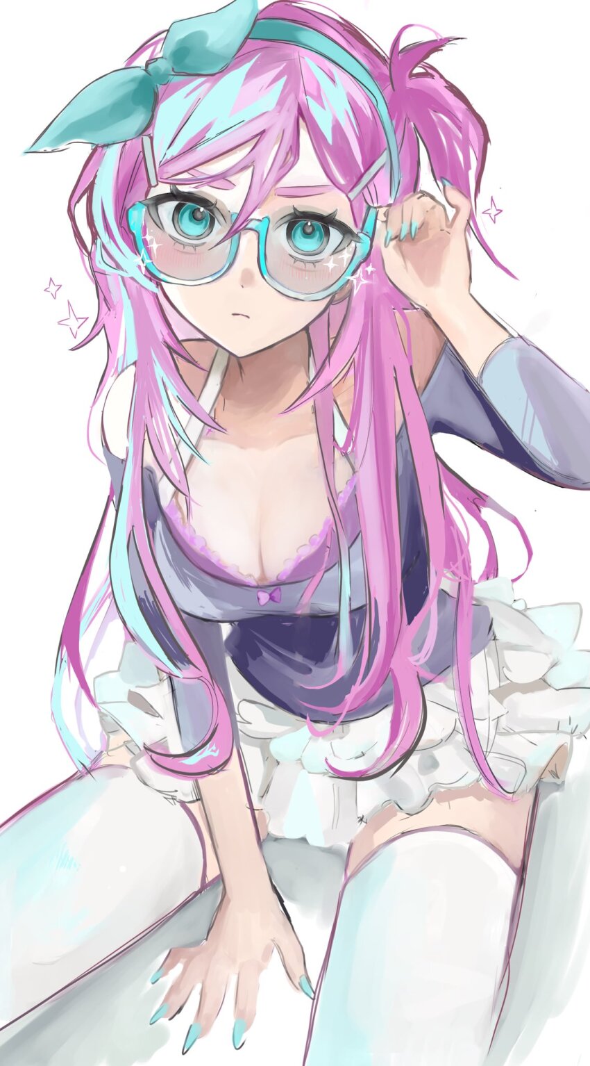 1girl adjusting_eyewear aegyo_sal alternate_costume alternate_hairstyle arm_between_legs arm_support arm_up aubrey_(faraway)_(omori) aubrey_(omori) blue-framed_eyewear blue_eyes blue_hairband bra bra_peek breasts cleavage cowboy_shot frilled_bra frills from_above hairband hashtag-only_commentary highres large_breasts long_hair long_sleeves looking_at_viewer omori pink_bra pink_hair semi-rimless_eyewear sitting skirt solo sunglasses thighhighs under-rim_eyewear underwear waiwaisiyo_ze wariza white_skirt white_thighhighs zettai_ryouiki