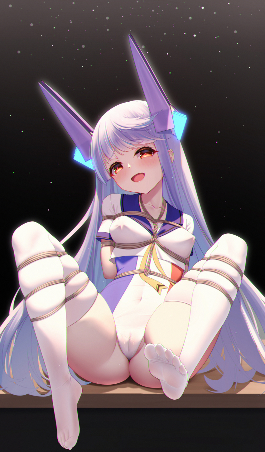 1girl :d absurdres arms_behind_back blue_sailor_collar blush breasts cameltoe commentary_request covered_erect_nipples covered_navel crop_top fang feet full_body headgear heart heart-shaped_pupils highres laoan le_fantasque_(warship_girls_r) long_hair looking_at_viewer medium_breasts multicolored_swimsuit no_shoes on_table one-piece_swimsuit open_mouth purple_hair red_eyes restrained rope sailor_collar shibari shirt short_sleeves sitting skin_fang smile soles solo swimsuit symbol-shaped_pupils table thighhighs toes very_long_hair warship_girls_r white_shirt white_thighhighs